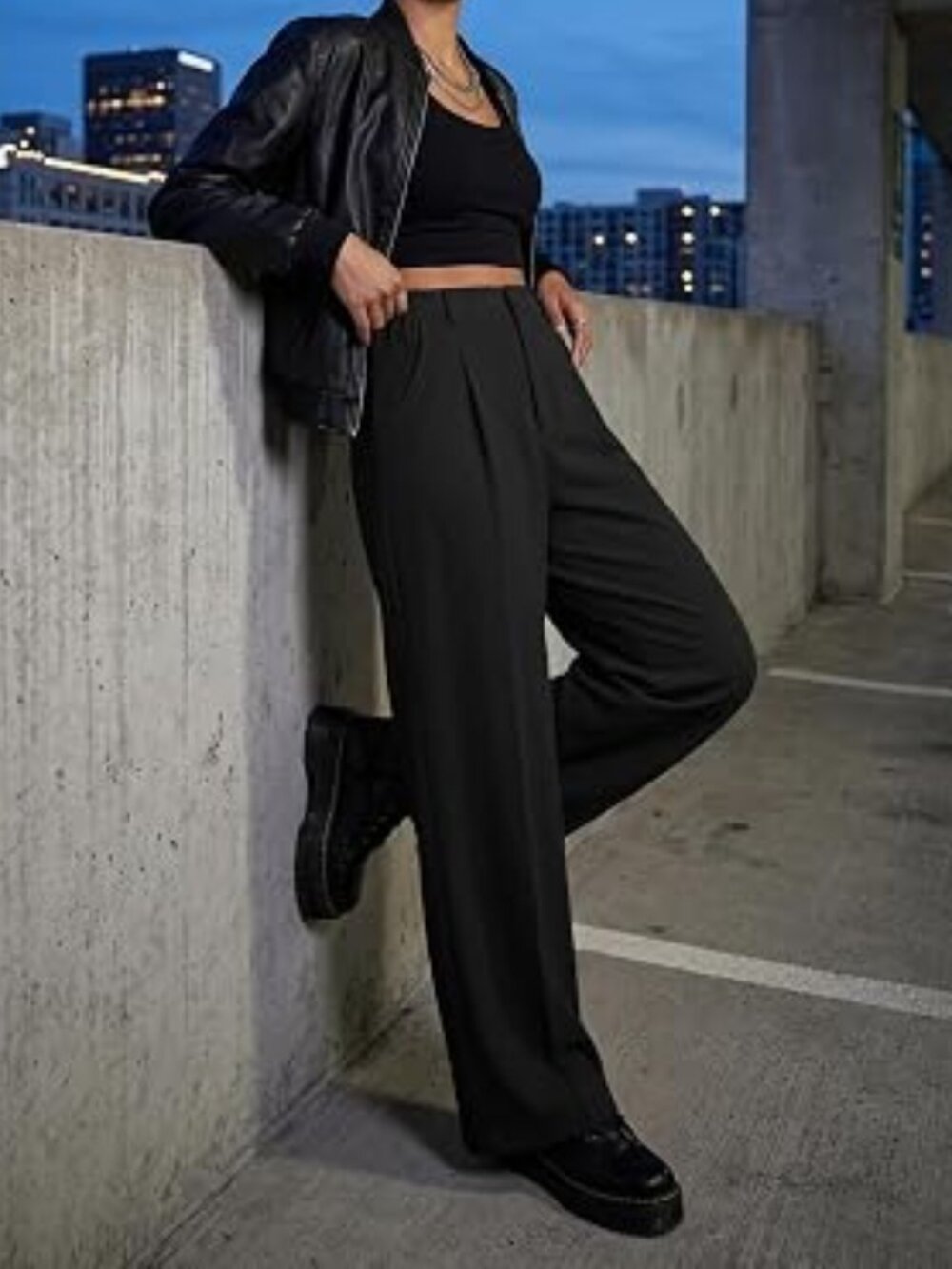 IWOLLENCE Women Wide Leg Pants Waffle Stretchy Work Dress Pants (L)